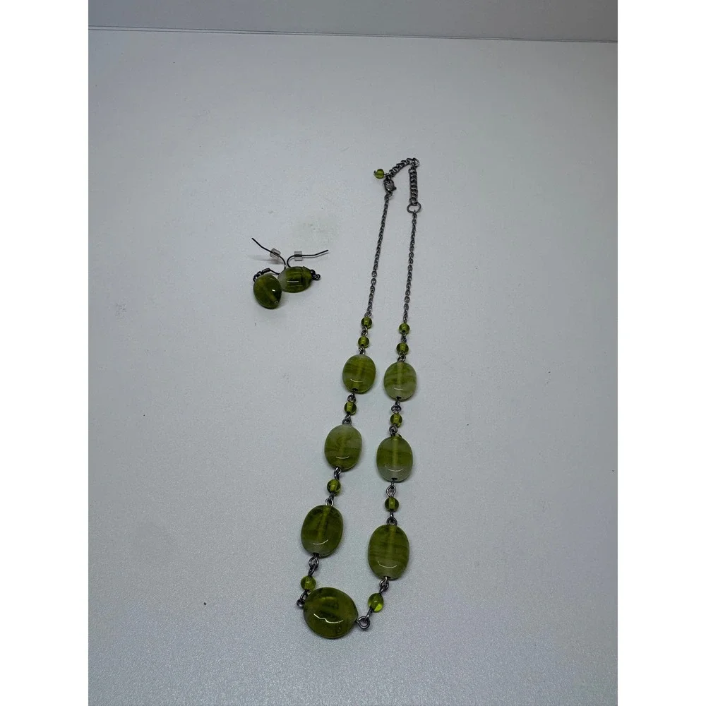 Green Beaded Jewelry Set Necklace and Earring Gunmetal Tone Chain